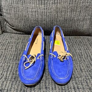 Blue Suede Loafers with Tan Laces